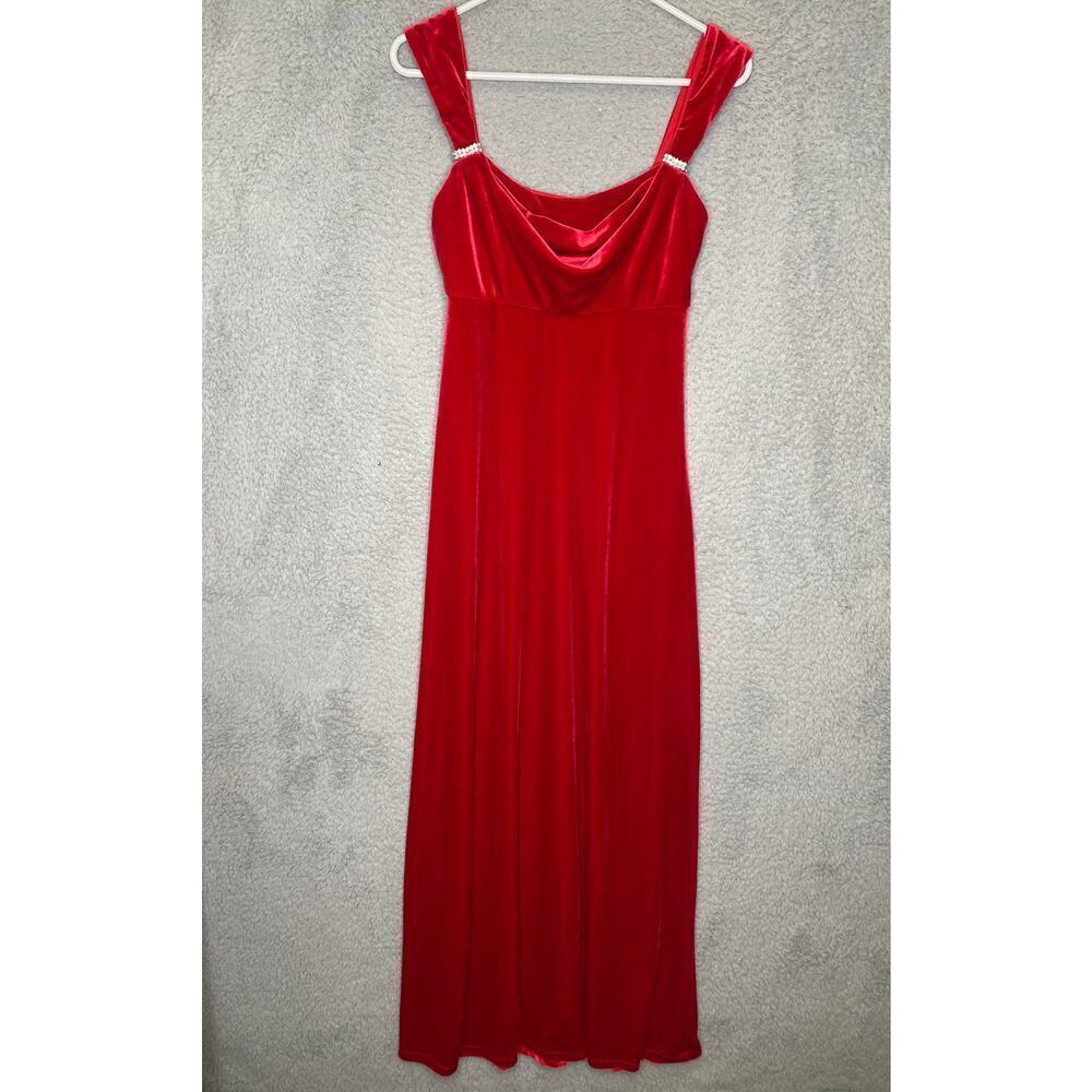 Vintage Onyx Nites Y2K red maxi dress beaded velvet evening gown prom cowl neck